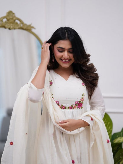 Off WhiteColor P V Chanderi Fabric Designer Embroiderd Stitched Suit