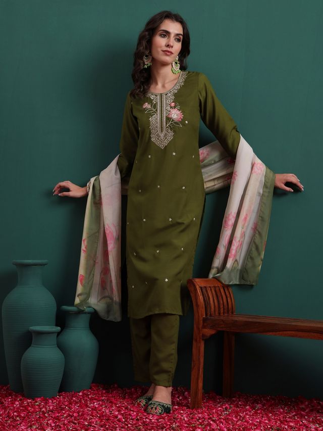 Olive Color Beautiful Ethnic Suit For Classy Trendy Girl