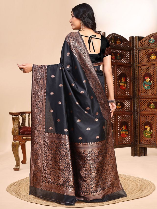 Black Color Ethnic Lichi Silk Fabric Graceful Woven Designer Saree