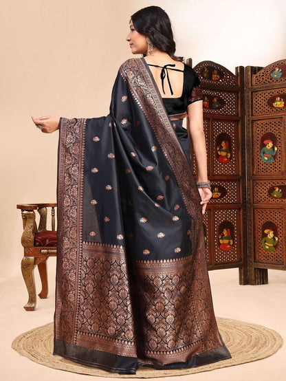 Black Color Ethnic Lichi Silk Fabric Graceful Woven Designer Saree