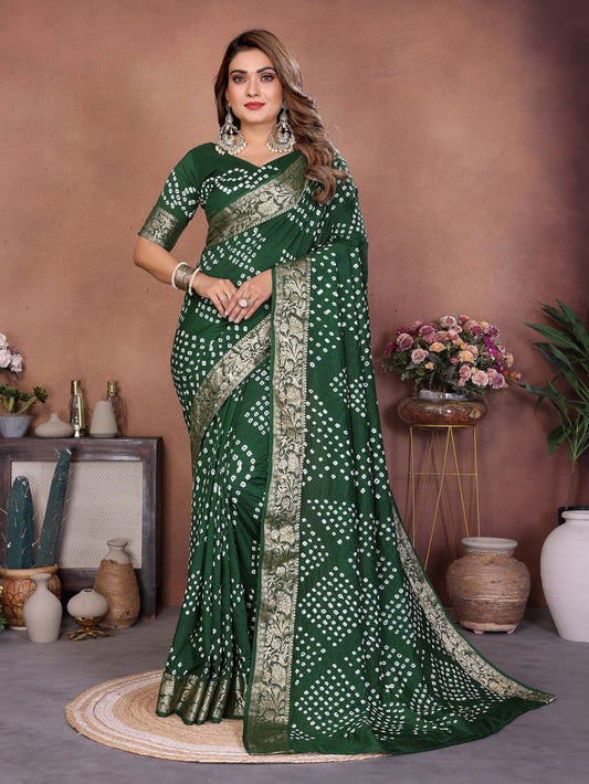 Green Color Beautiful Festive Special Bandhej Printed Traditional Saree