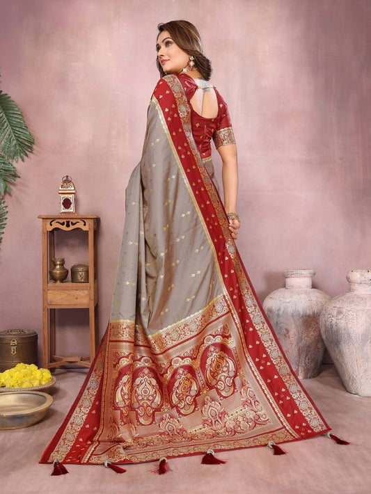 Grey Color Handloom Silk Fabric Weaving Designer Ethnic Partywear Saree