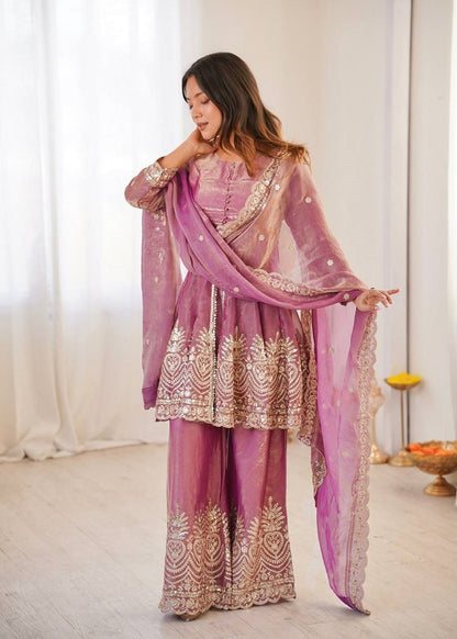 Onionpink Fendy Satin With Embroidered Real Mirror Work Plazzo Set