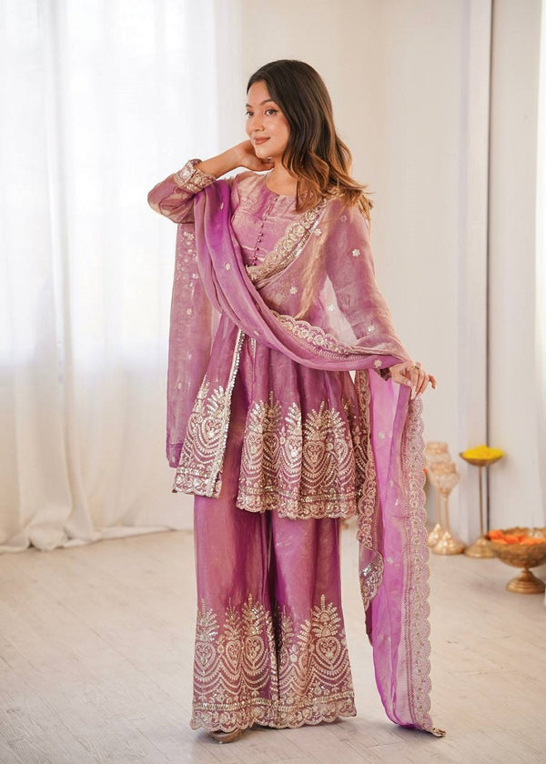 Onionpink Fendy Satin With Embroidered Real Mirror Work Plazzo Set