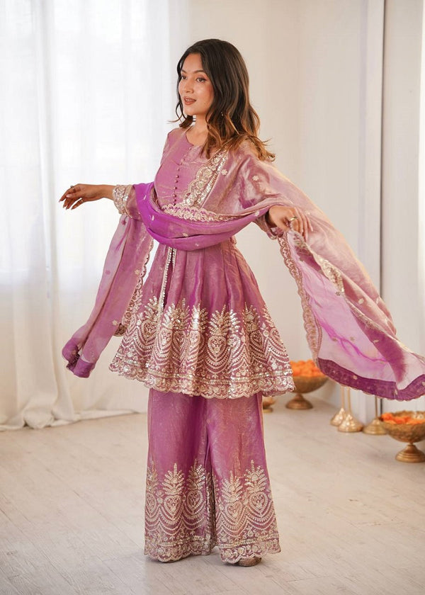Onionpink Fendy Satin With Embroidered Real Mirror Work Plazzo Set