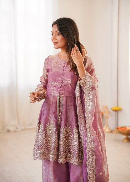 Onionpink Fendy Satin With Embroidered Real Mirror Work Plazzo Set