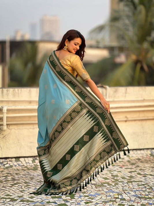 Sky Blue Color Soft Silk Woven Designer Saree For Ceremonial Looks