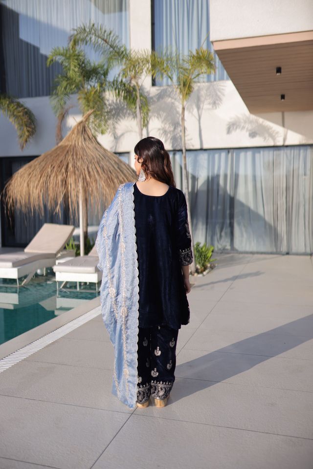 Blue Color Ice Velvet Fabric Ethnic Heavy Embroidered Ceremonial Suit With Dupatta