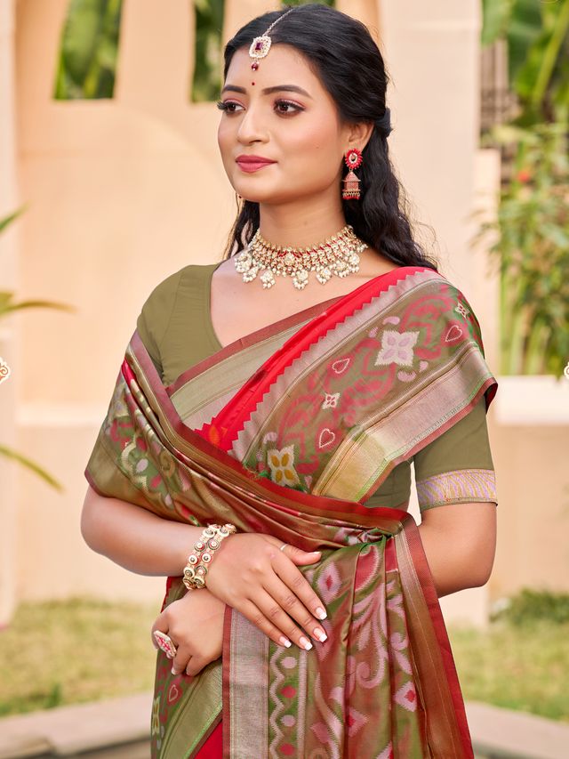 Red Color Pochampalli Silk Fabric Ethnic Woven Designer Partywear Saree
