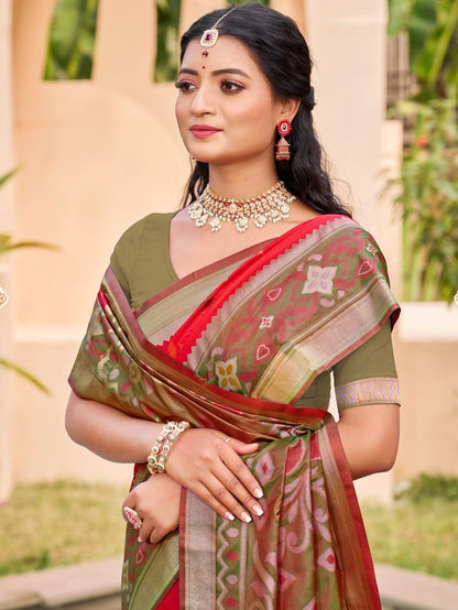 Red Color Pochampalli Silk Fabric Ethnic Woven Designer Partywear Saree
