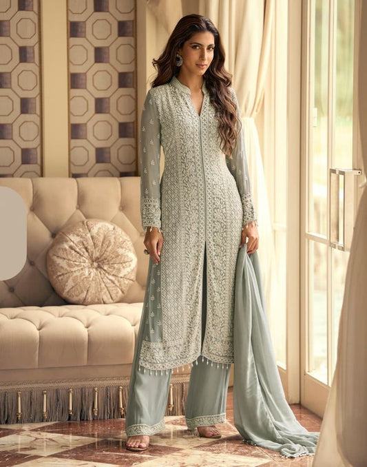 Grey pure geogette full stitched suit Free Size upto 42