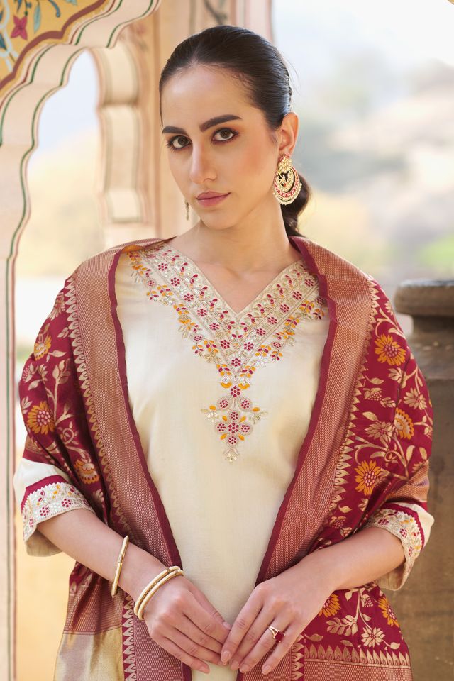 Cream Color Silk Blend Fabric Beautiful Embroidered Kurta Set With Dupatta