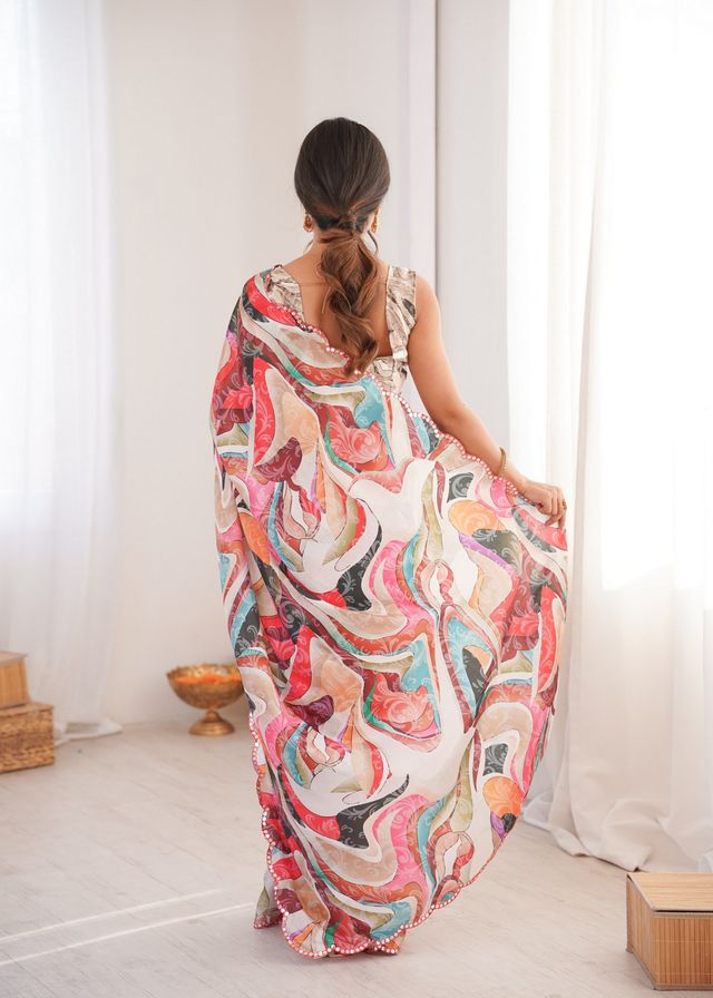 Multy Color Chinon Fabric Digital Print Smart Ethnic Saree