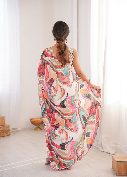 Multy Color Chinon Fabric Digital Print Smart Ethnic Saree