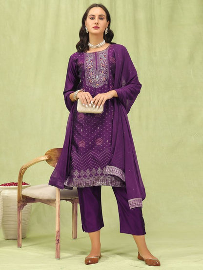Purple Color Silk Blend Fabric Designer Embroidered Suit