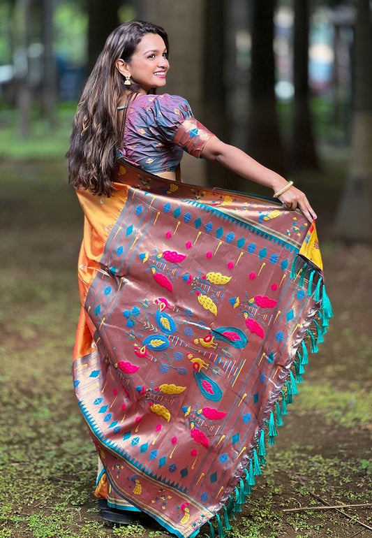 Orange Color Soft Silk Fabric Woven Meenakari Designer Ethnic Partywear Saree