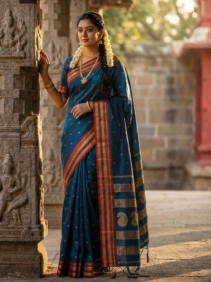 Teal Color Soft Silk Fabric Woven Jari Designer Ethnic Party Looks Saree