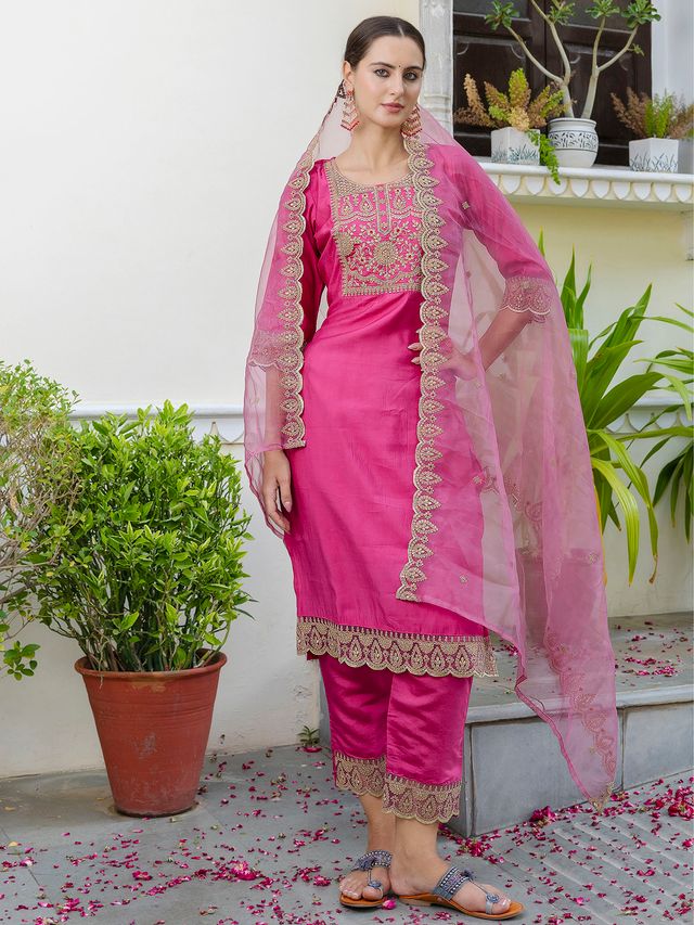 Pink Color Designer Embroidered Silk Blend Ethnic Festive Special Suit