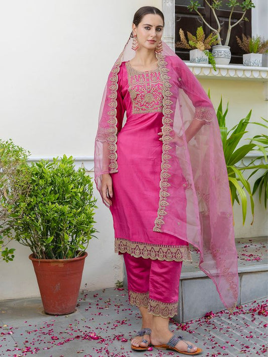 Pink Color Designer Embroidered Silk Blend Ethnic Festive Special Suit