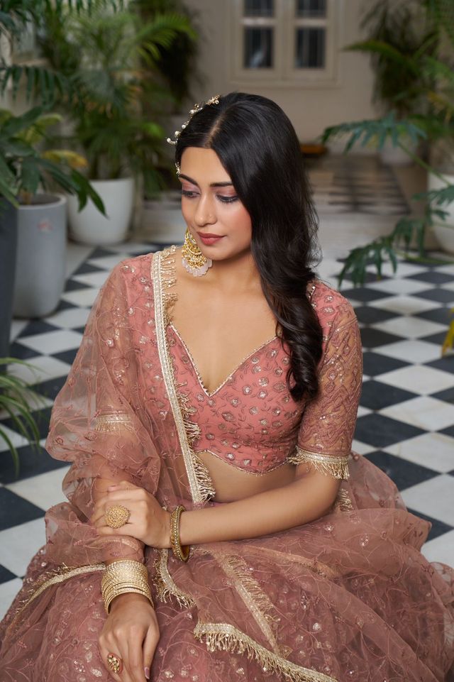Light Pink Heavy Embroidery Net Semi Stitch A Line Lehenga With Blouse