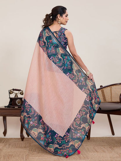 Peach Color Linen Silk Fabric Beautiful Partywear Saree