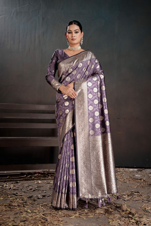 Purple Color Silk Blended Fabric Woven Jacquard Designer Partywear Saree