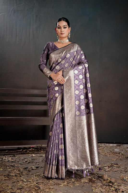 Purple Color Silk Blended Fabric Woven Jacquard Designer Partywear Saree