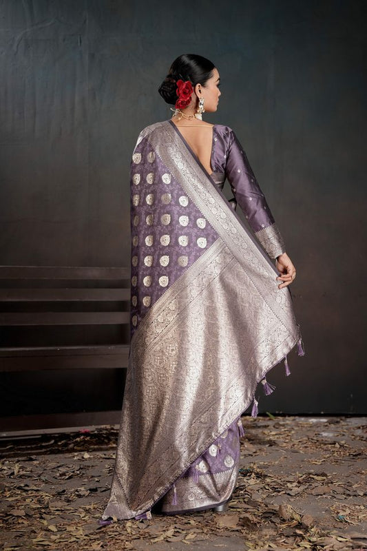 Purple Color Silk Blended Fabric Woven Jacquard Designer Partywear Saree
