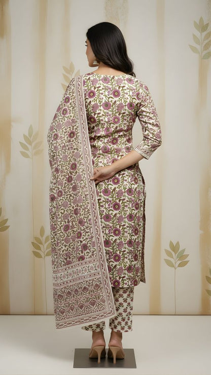 Beige Color Cotton Fabric Stylish And Trendy Kurta Set For Ethnic Girls