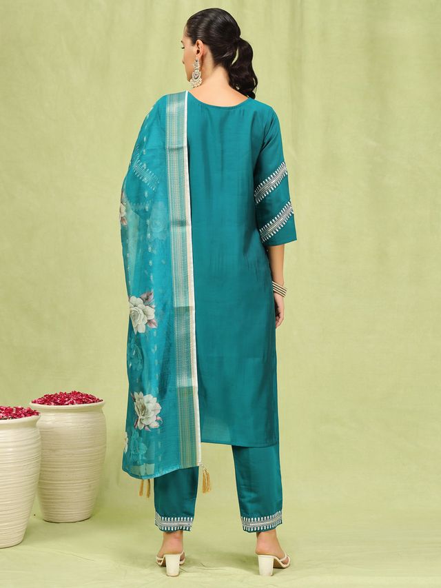 Rama Color Viscose Roman Silk Fabric Designer Embroidery Work Sophisticated Girlie Salwar Kameez
