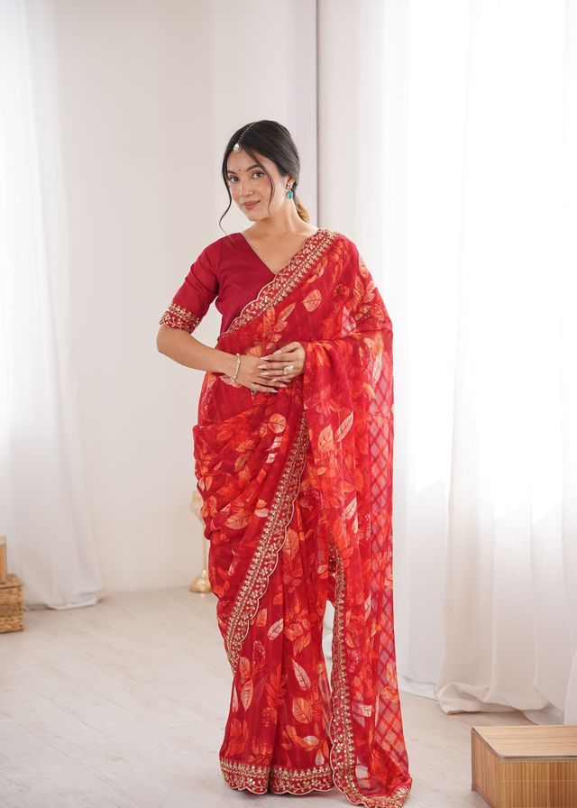 Red Color Marble Patta Fabric Stylish Festive Special Saree