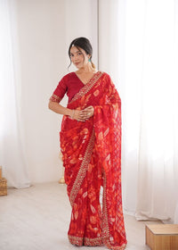 Red Color Marble Patta Fabric Stylish Festive Special Saree
