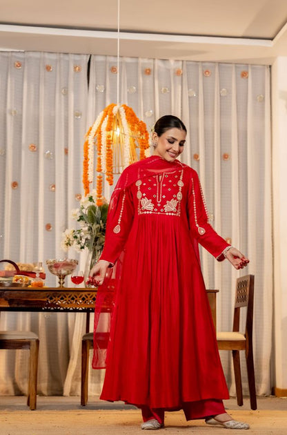 Red Color Chanderi Fabric Designer Embroidered Readymade Suit