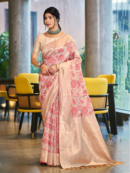 Pastel Pink Color Cotton Silk Fabric Woven Designer Ceremonial Saree