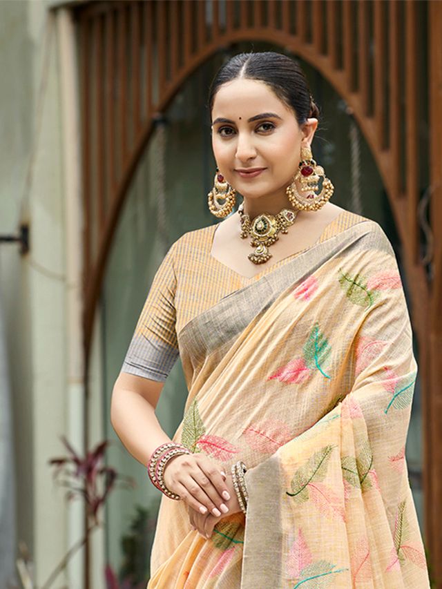 Orange Color Beautiful Rich Looks Designer Linen Fabric Ceremonial Saree