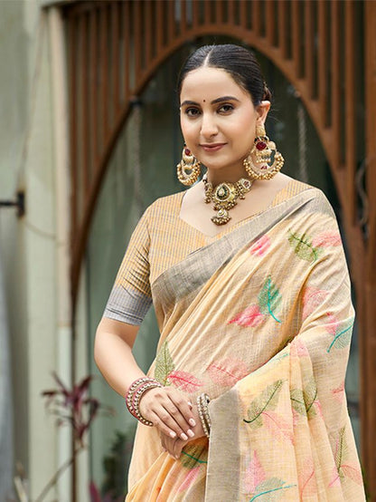 Orange Color Beautiful Rich Looks Designer Linen Fabric Ceremonial Saree