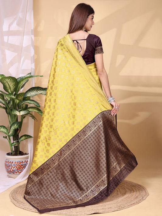 Yellow Color Lichi Silk Fabric Beautiful Woven Designer Saree