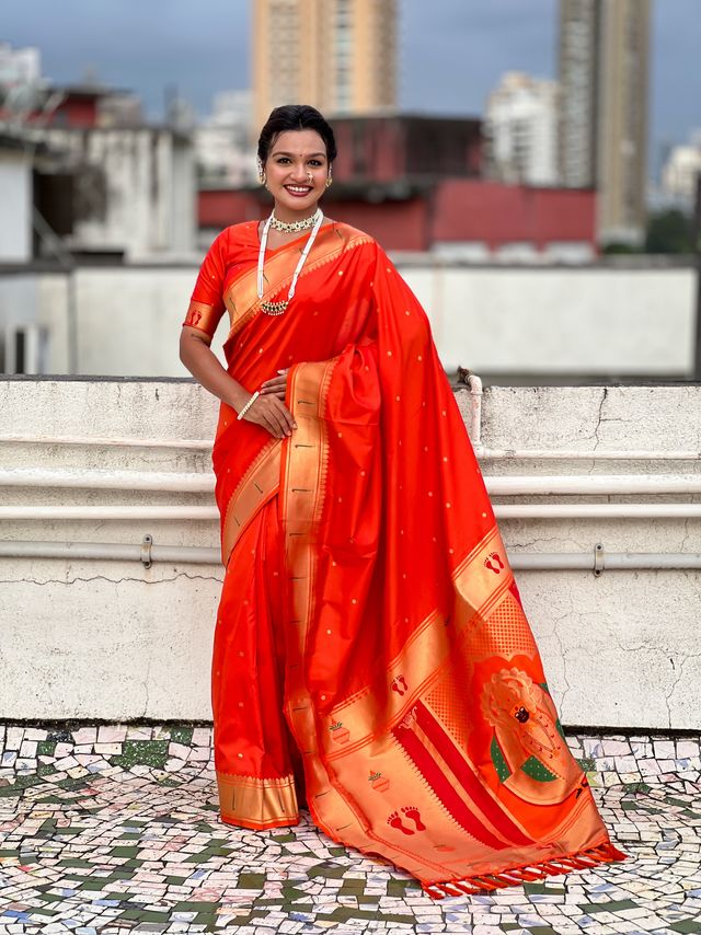 Orange Color Soft Silk Fabric Woven Paithani Designer Cultural Rich Saree