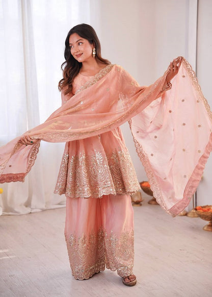 Peach Fendy Satin With Embroidered Real Mirror Work Plazzo Set