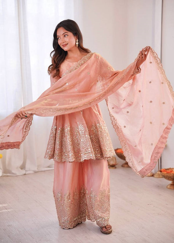 Peach Fendy Satin With Embroidered Real Mirror Work Plazzo Set