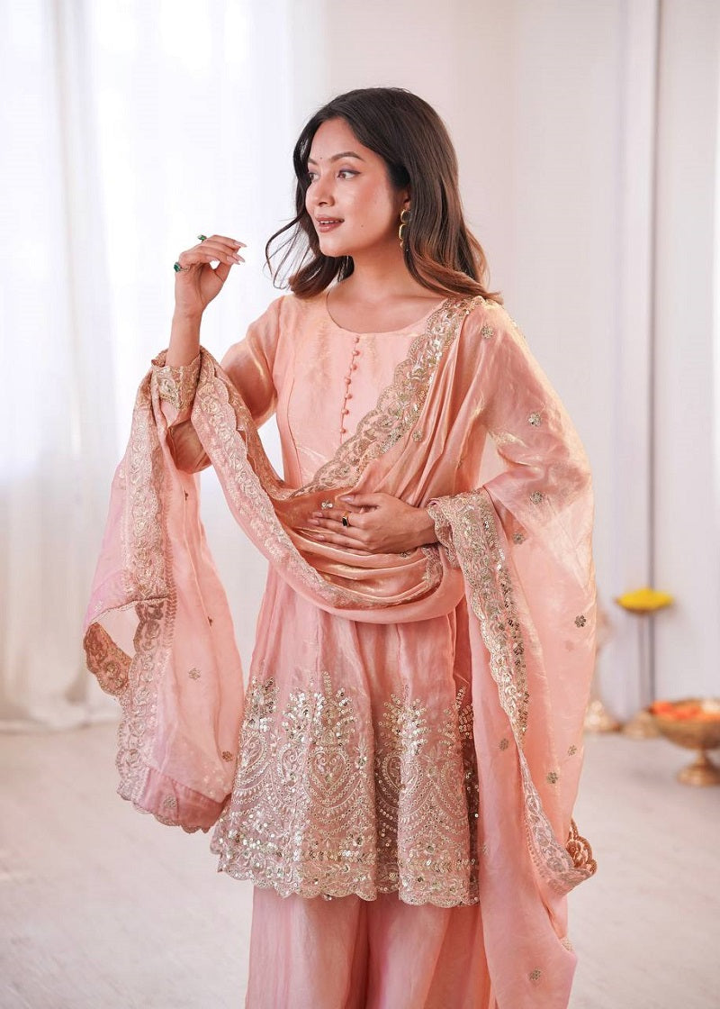 Peach Fendy Satin With Embroidered Real Mirror Work Plazzo Set