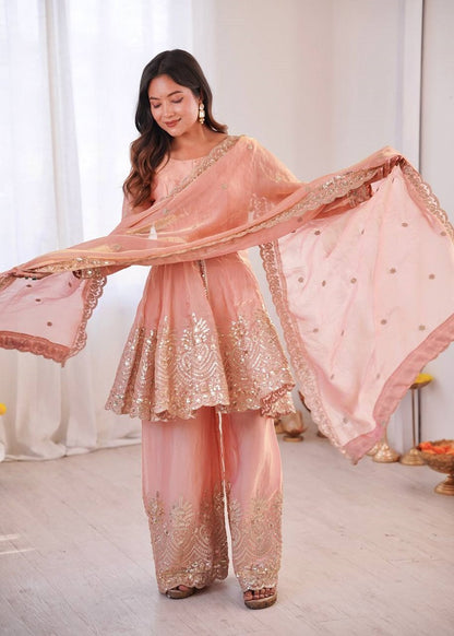 Peach Fendy Satin With Embroidered Real Mirror Work Plazzo Set