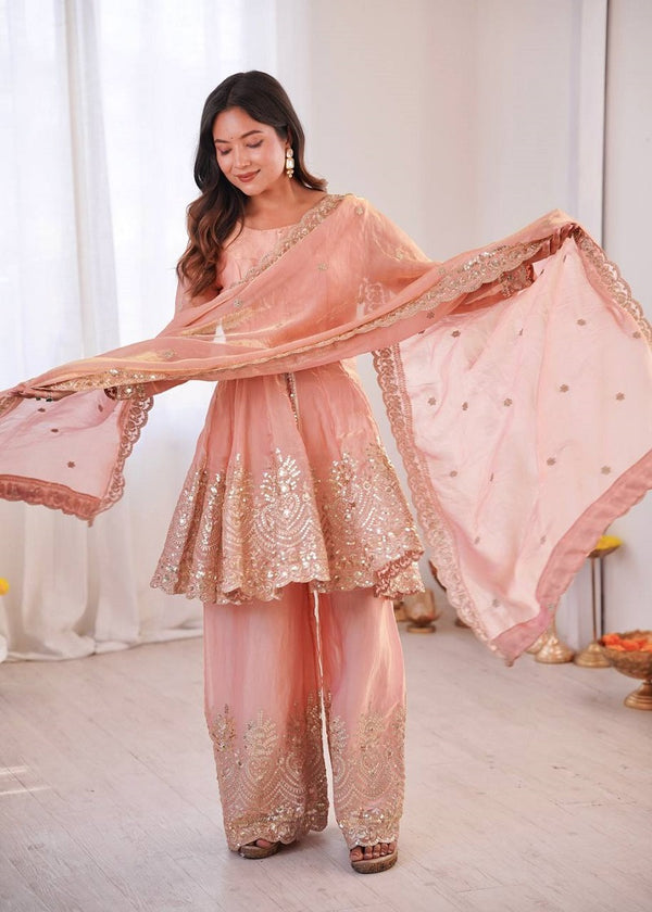 Peach Fendy Satin With Embroidered Real Mirror Work Plazzo Set