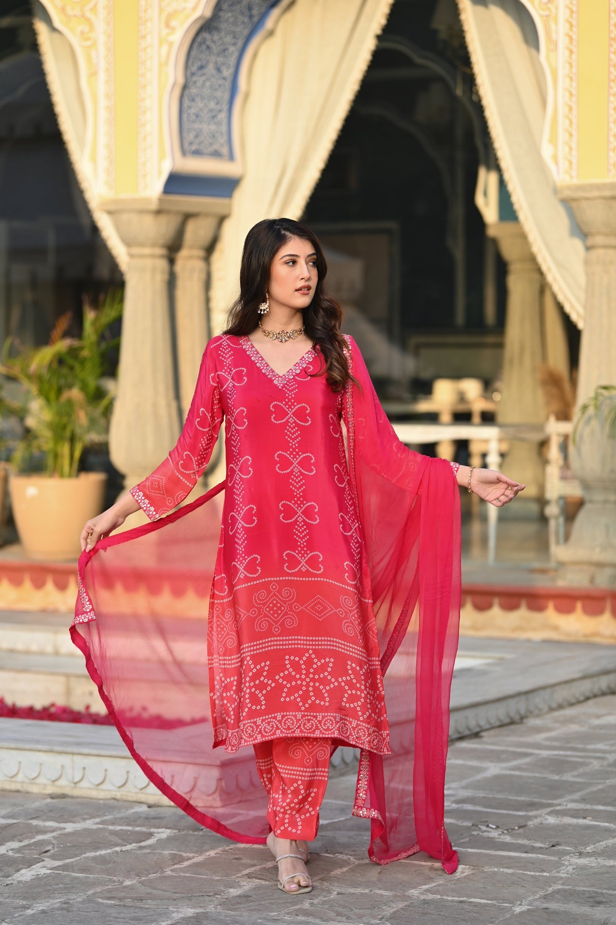 Women's Chinon Fabric Straight Kurta, Pant and Dupatta Set