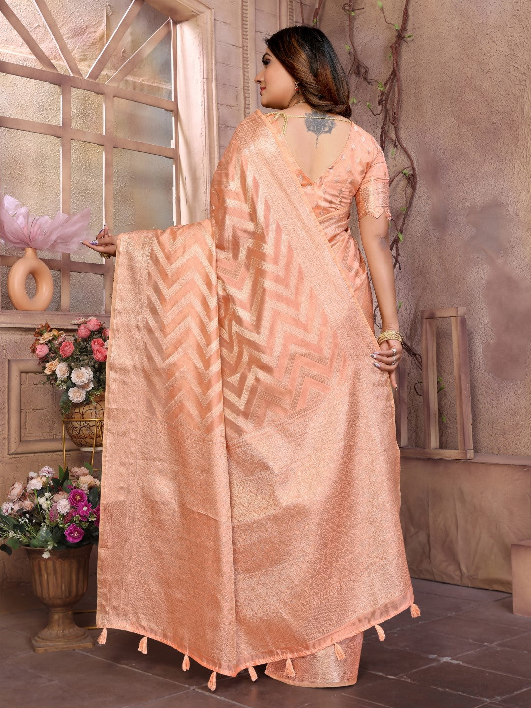 Peach Weaving Soft Organza Saree With Blouse