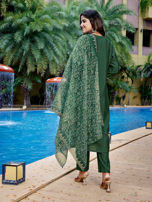 Bottle Green Color Stylish Partywear Readymade Ethnic Suit