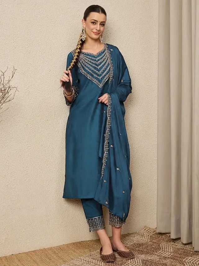 Rama Color Roman Silk Fabric Beautiful Festive Wear Salwar Kameez