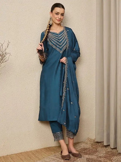 Rama Color Roman Silk Fabric Beautiful Festive Wear Salwar Kameez