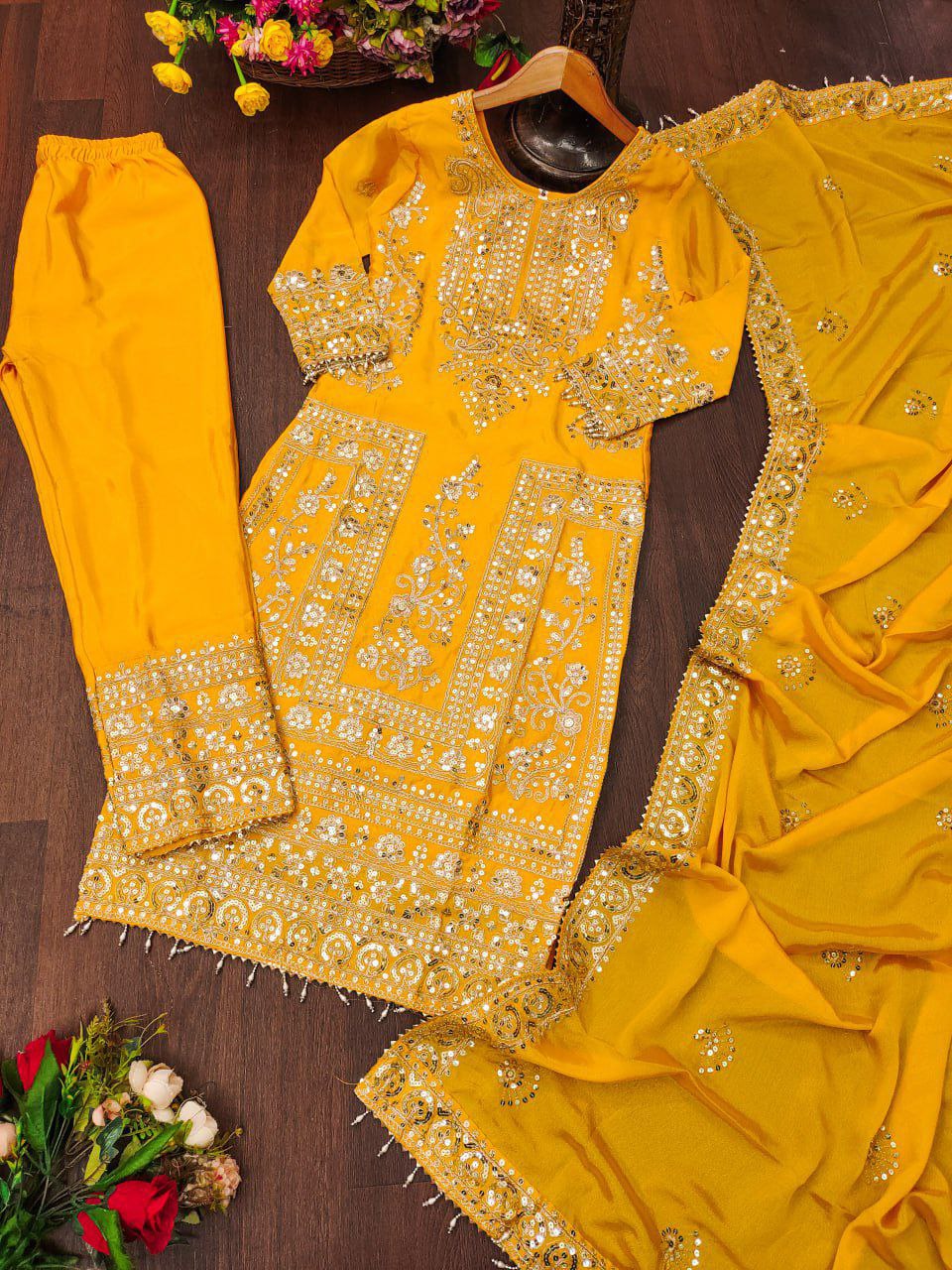 Gorgeous Heavy Chinon Suit With Sequence Embroidered Work