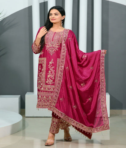 Gorgeous Heavy Chinon Suit With Sequence Embroidered Work